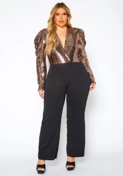 Plus Size Sequin Contrast Flare Jumpsuit