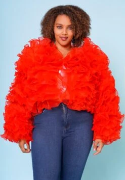 Plus Size Organza Tiered Ruffle Long Sleeve Jacket