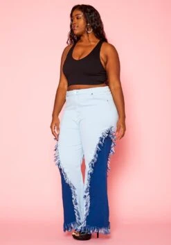 Plus Size Fringe Hem Color Block Flared Jeans -Curve Elegance Shop 2021265 001 3