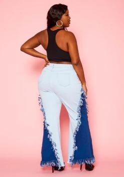 Plus Size Fringe Hem Color Block Flared Jeans -Curve Elegance Shop 2021265 001 4