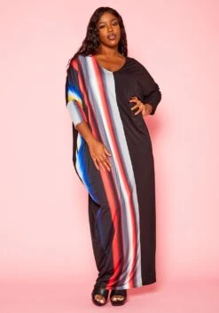 Plus Size Gradient Pattern Splice Flare Maxi Dress