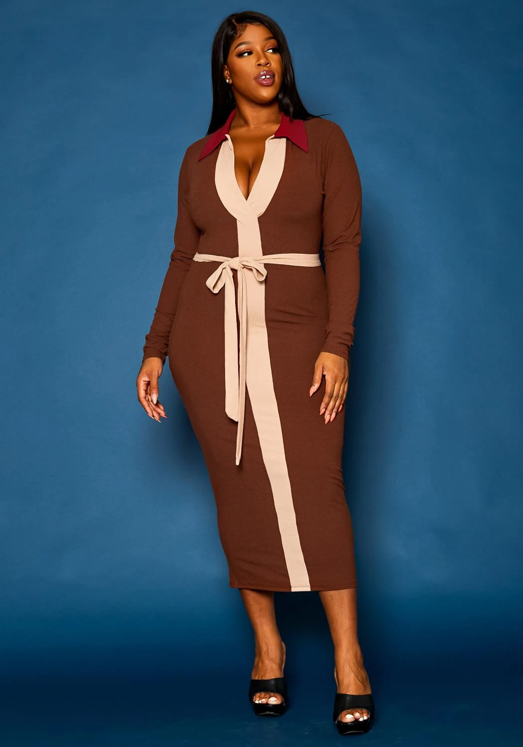 Plus Size Ribbed Knit Color Trim Midi Dress 4 Plus Size Ribbed Knit Color Trim Midi Dress - Image 2