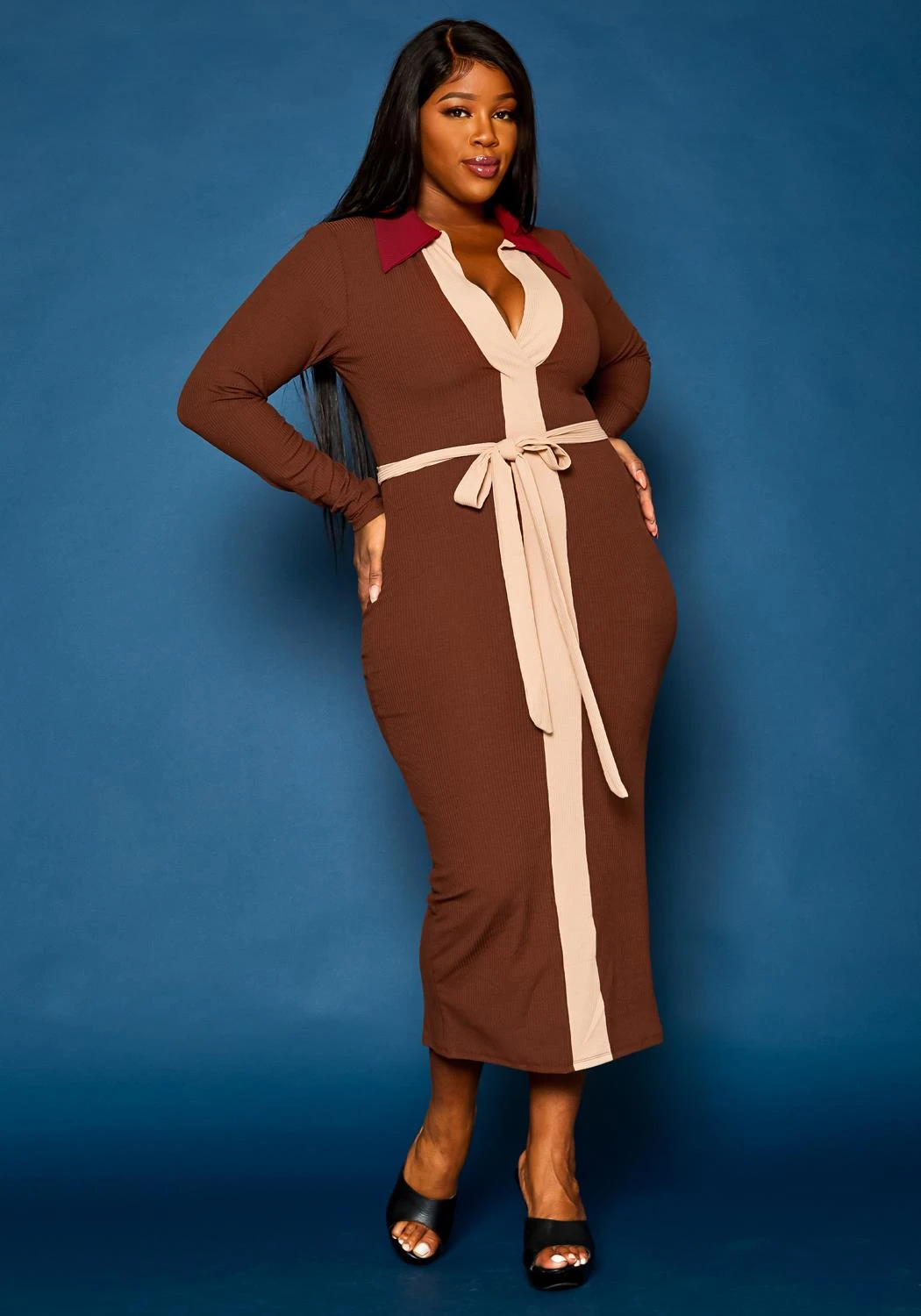 Plus Size Ribbed Knit Color Trim Midi Dress 3 Plus Size Ribbed Knit Color Trim Midi Dress