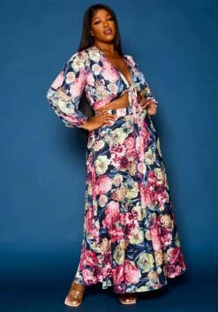 Plus Size Floral Pattern Two Piece Set