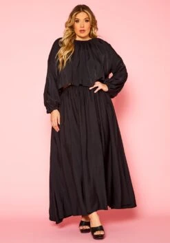 Plus Size Solid Long Sleeve Flare Maxi Skirt Set -Curve Elegance Shop 2021333 001 2