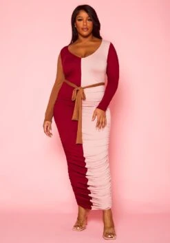 Plus Size Color Block Long Sleeve Maxi Dress -Curve Elegance Shop 2021386 001 1