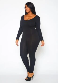 Plus Size Solid Long Sleeve Fitted Jumpsuit -Curve Elegance Shop 2021396 001 3