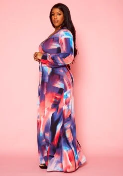 Plus Size Pastel Multi Color Print Fit & Flare Maxi Dress -Curve Elegance Shop 2021398 001 3