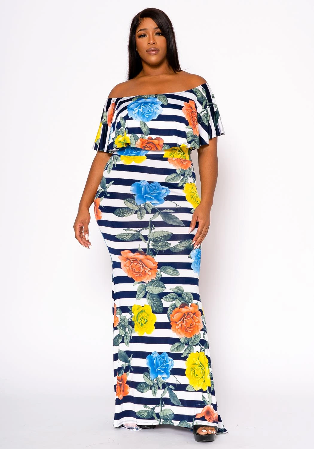 Plus Size Floral Striped Fit & Flare Maxi Dress 3 Plus Size Floral Striped Fit & Flare Maxi Dress