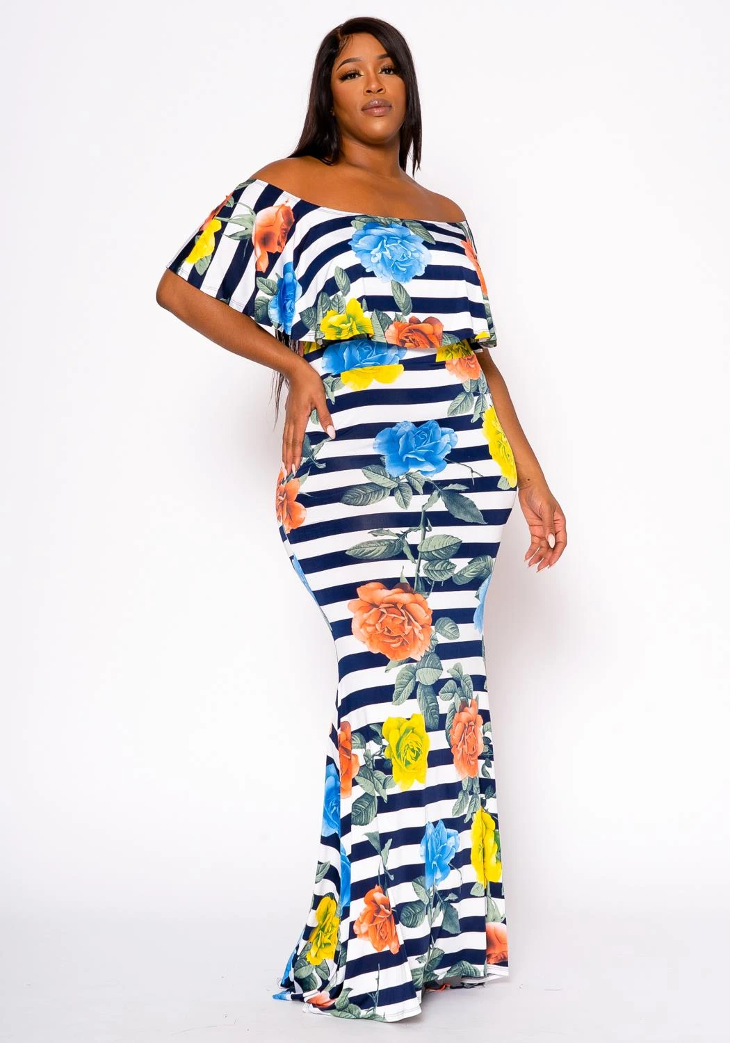 Plus Size Floral Striped Fit & Flare Maxi Dress 4 Plus Size Floral Striped Fit & Flare Maxi Dress - Image 2