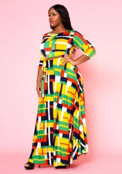 Plus Size Geometric Pattern Fit & Flare Maxi Dress -Curve Elegance Shop 2022501 001 2