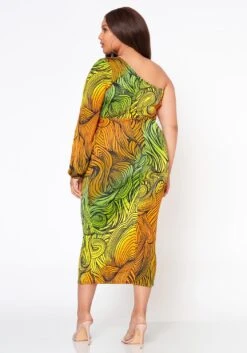 Plus Size Multi Abstract Pattern One Sleeve Midi Dress -Curve Elegance Shop 2022514 002 4