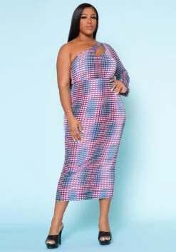 Plus Size Multi Dotted Print One Sleeve Midi Dress
