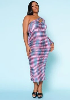 Plus Size Multi Dotted Print One Sleeve Midi Dress -Curve Elegance Shop 2022515 001 2