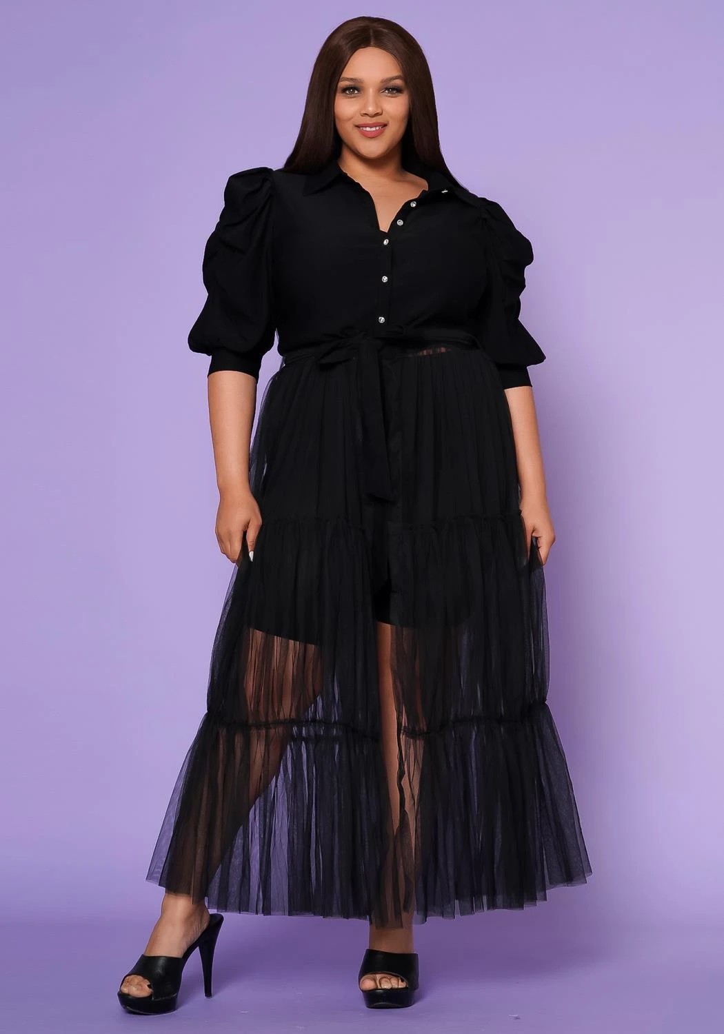 Plus Size Puff Sleeve Long Tulle Blouse 4 Plus Size Puff Sleeve Long Tulle Blouse - Image 2