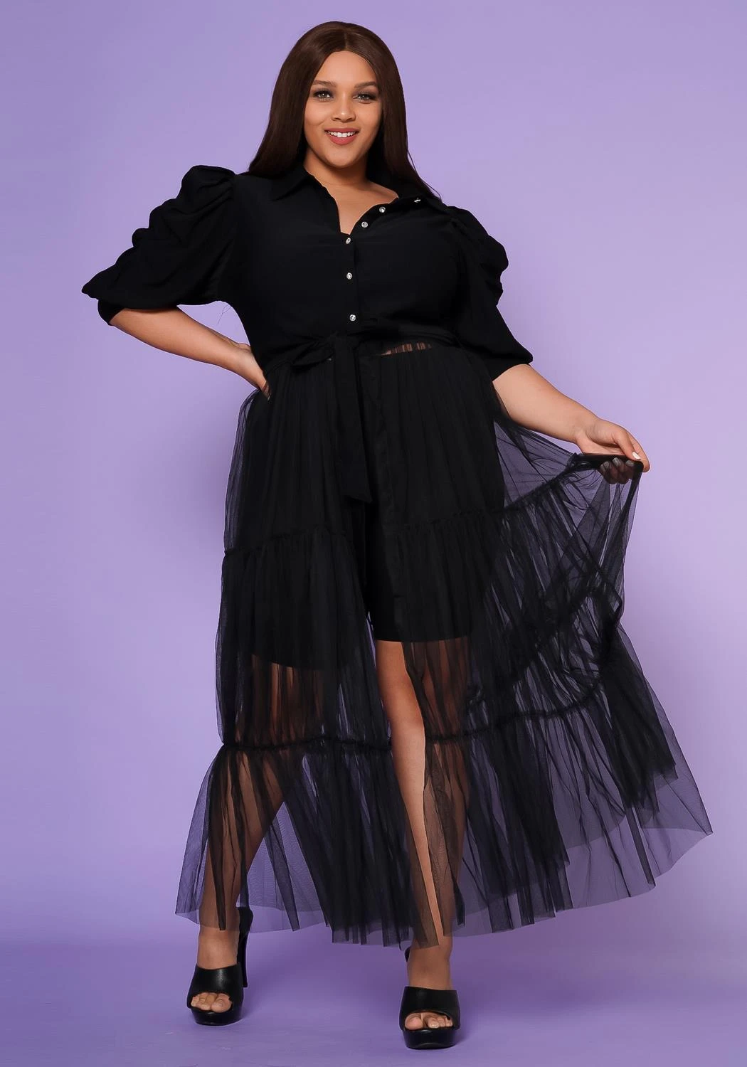 Plus Size Puff Sleeve Long Tulle Blouse 3 Plus Size Puff Sleeve Long Tulle Blouse