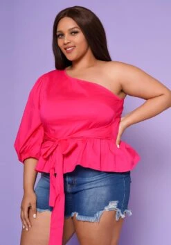 Plus Size Asymmetric One Sleeve Peplum Blouse -Curve Elegance Shop 2022554 001 3