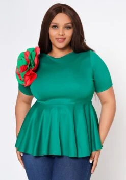 Plus Size Floral Decor Peplum Blouse