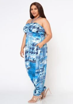 Plus Size Patchwork Denim Print Harem Jumpsuit -Curve Elegance Shop 2022595 001 3