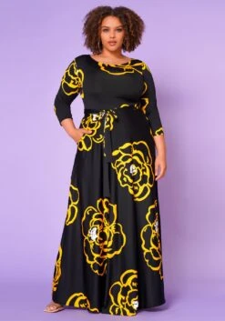 Plus Size Golden Floral Print Fit & Flare Maxi Dress