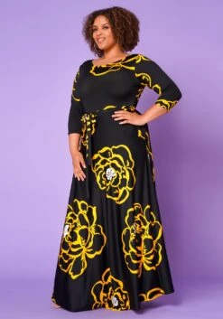 Plus Size Golden Floral Print Fit & Flare Maxi Dress -Curve Elegance Shop 2022613 001 2