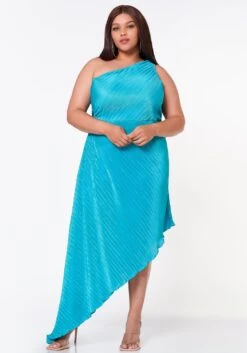 Plus Size Pleated Asymmetric One Sleeve Dress