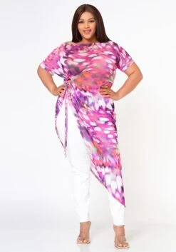 Plus Size Mesh Print Asymmetric Top