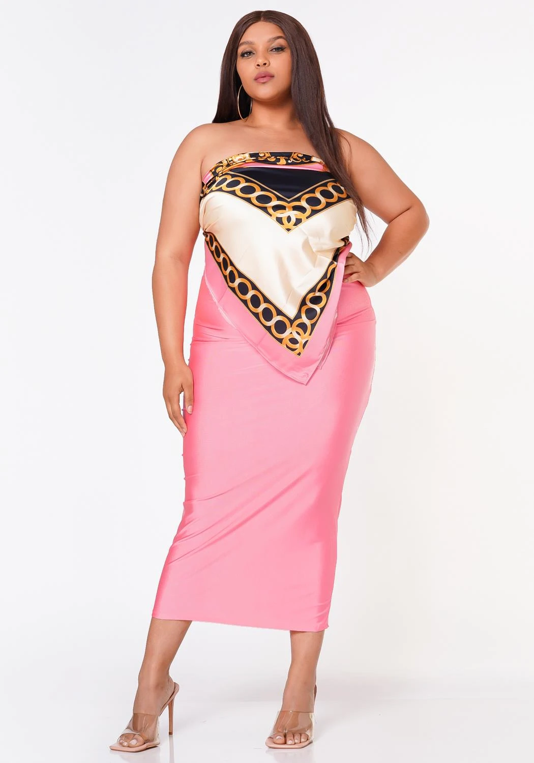 Plus Size Bandeau Scarf Top & Bodycon Maxi Skirt Set 4 Plus Size Bandeau Scarf Top & Bodycon Maxi Skirt Set - Image 2