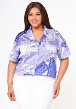 Plus Size Satin Bandana Patchwork Shirt -Curve Elegance Shop 2022629 001 1