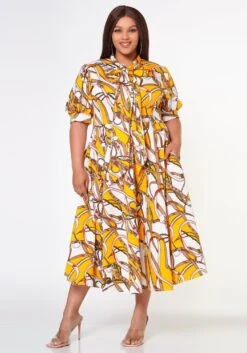 Plus Size Multi Print Bow Collar Flare Dress