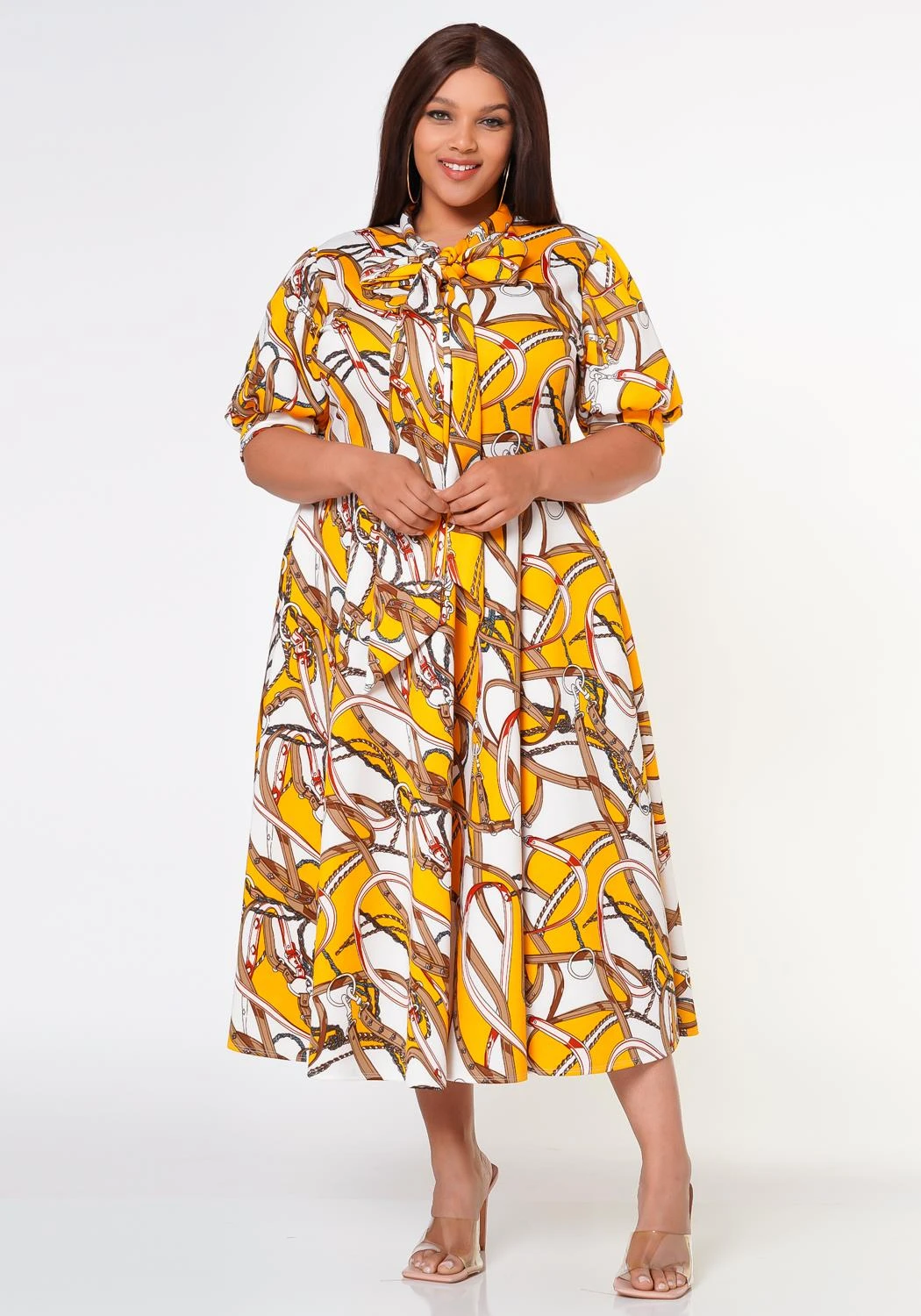 Plus Size Multi Print Bow Collar Flare Dress 4 Plus Size Multi Print Bow Collar Flare Dress - Image 2