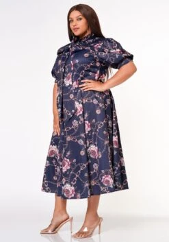 Plus Size Floral Chainlink Print Bow Collar Flare Dress -Curve Elegance Shop 2022633 001 2