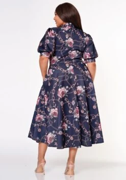 Plus Size Floral Chainlink Print Bow Collar Flare Dress -Curve Elegance Shop 2022633 001 3