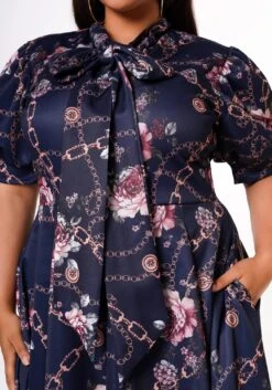 Plus Size Floral Chainlink Print Bow Collar Flare Dress -Curve Elegance Shop 2022633 001 4