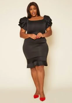 Plus Size Ruffle Flower Shoulder Midi Dress -Curve Elegance Shop 2022638 001 2