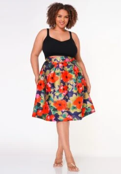 Plus Size Floral High Waist Flare Midi Skirt -Curve Elegance Shop 2022652 001 2