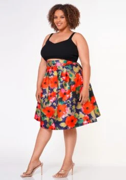 Plus Size Floral High Waist Flare Midi Skirt -Curve Elegance Shop 2022652 001 4