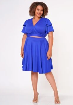 Plus Size Ruffle Sleeve Wrap Blouse & Flare Skirt Set
