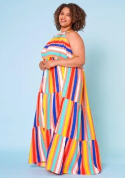 Plus Size Multi Stripe Halter Neck Flare Maxi Dress -Curve Elegance Shop 2022668 002 3