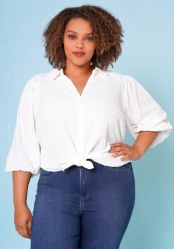 Plus Size Balloon Sleeve Button Down Blouse -Curve Elegance Shop 2022683 001 1