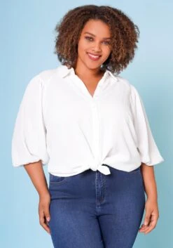 Plus Size Balloon Sleeve Button Down Blouse