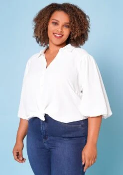 Plus Size Balloon Sleeve Button Down Blouse -Curve Elegance Shop 2022683 001 3