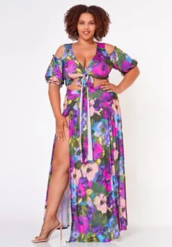 Plus Size Tie Front Surplice Top & Maxi Skirt Set -Curve Elegance Shop 2022689 001 1