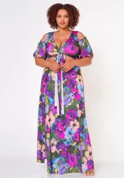 Plus Size Tie Front Surplice Top & Maxi Skirt Set -Curve Elegance Shop 2022689 001 2