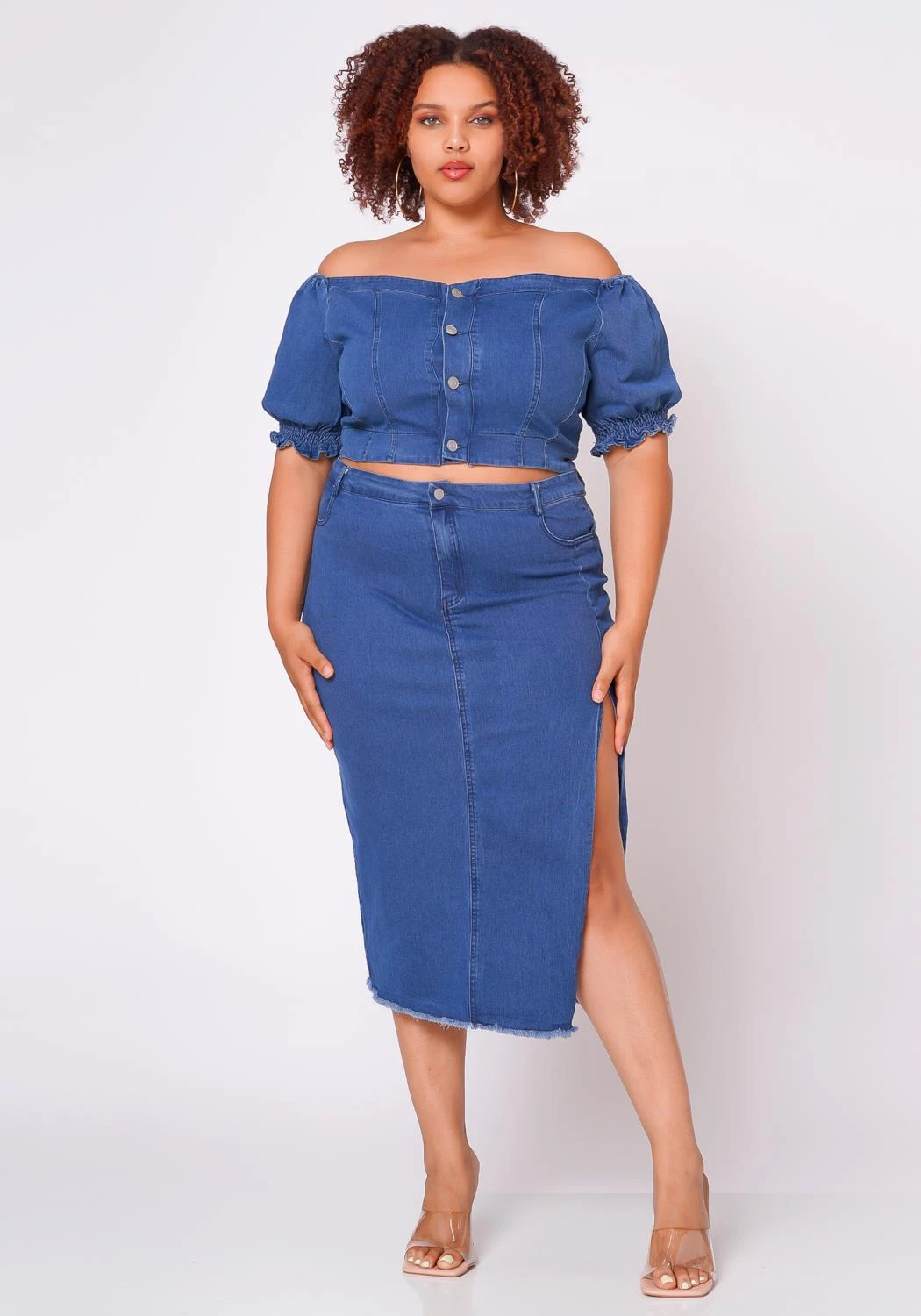 Plus Size Denim Off Shoulder Crop Top & Skirt Set 4 Plus Size Denim Off Shoulder Crop Top & Skirt Set - Image 2