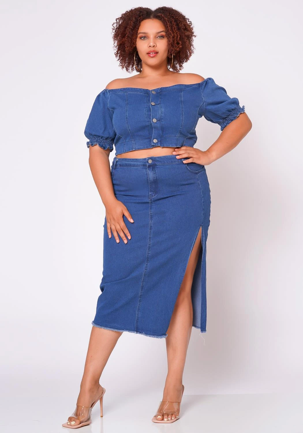 Plus Size Denim Off Shoulder Crop Top & Skirt Set 3 Plus Size Denim Off Shoulder Crop Top & Skirt Set