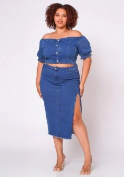 Plus Size Denim Off Shoulder Crop Top & Skirt Set 10 Plus Size Denim Off Shoulder Crop Top & Skirt Set -Curve Elegance Shop 2022691 001 3