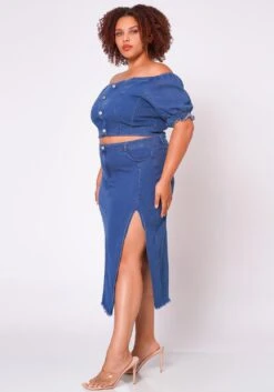 Plus Size Denim Off Shoulder Crop Top & Skirt Set 11 Plus Size Denim Off Shoulder Crop Top & Skirt Set -Curve Elegance Shop 2022691 001 4