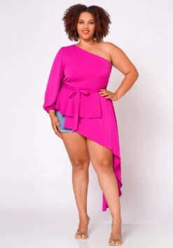 Plus Size Extravagant One Sleeve Drape Blouse